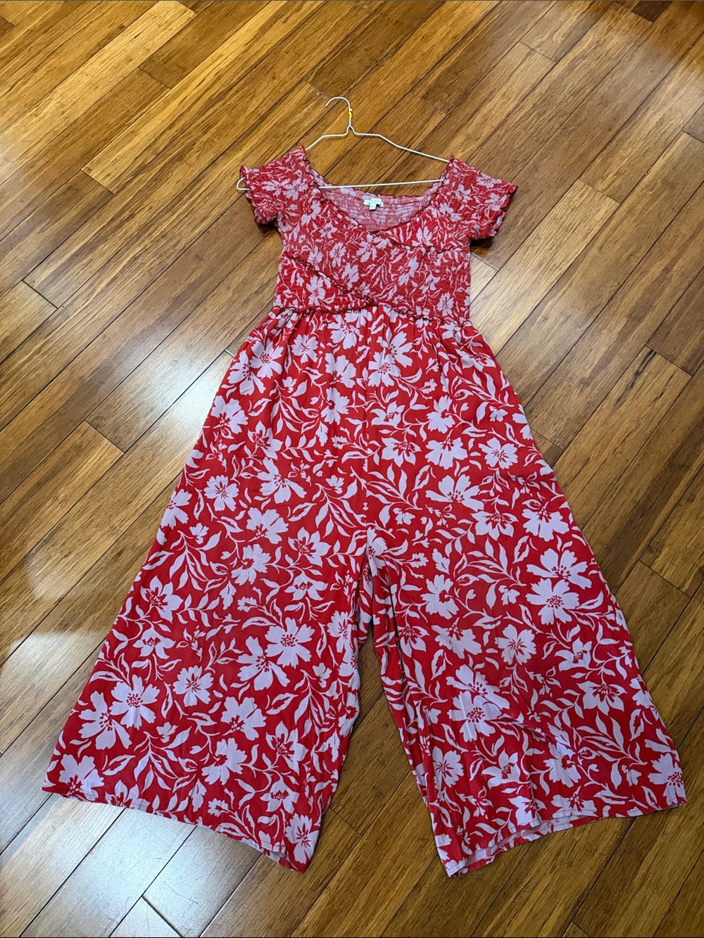 Patrons Of Peace Red Floral Smocked Wide-Leg Jumpsuit L